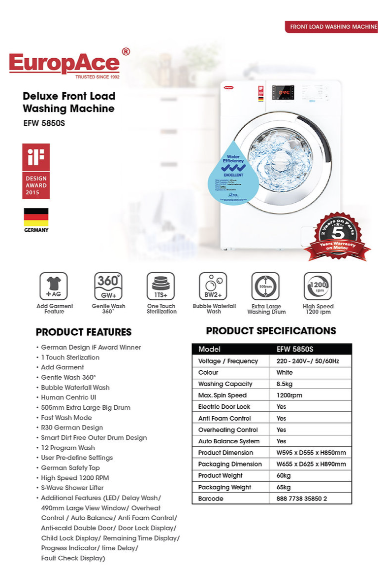 Europace EFW 5850s/ 8.5kg Front Load Washer COMFYMALL
